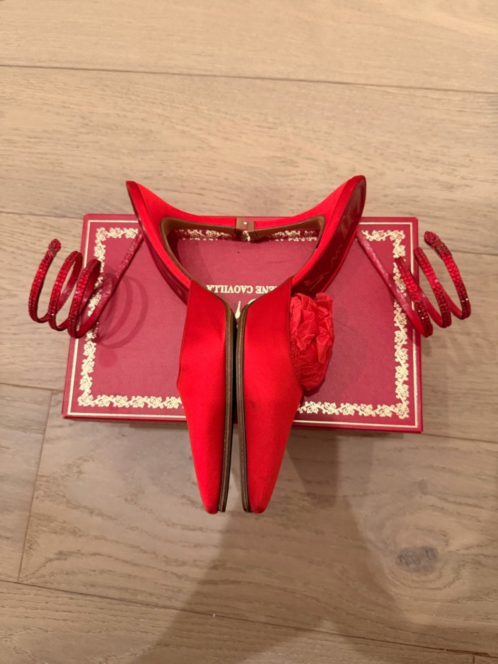 Rene Caovilla Red Satin Crystal Wrap Serpent Heels - Picture 8 of 10